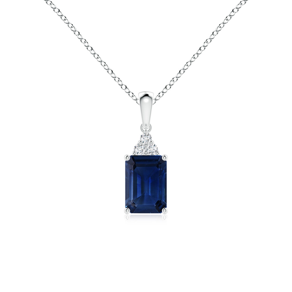 7x5mm AAA Emerald-Cut Blue Sapphire Pendant with Diamond Trio in White Gold
