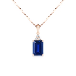 7x5mm AAAA Emerald-Cut Blue Sapphire Pendant with Diamond Trio in Rose Gold