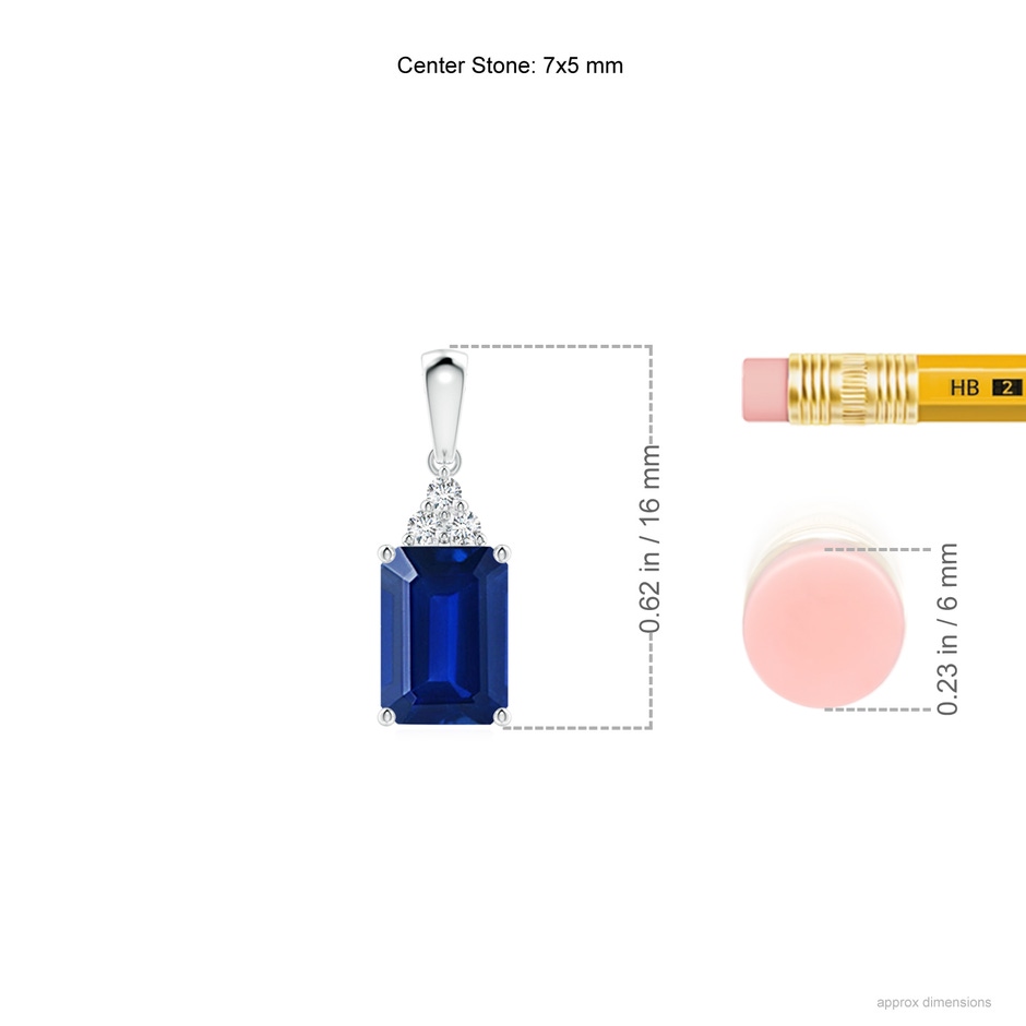 7x5mm Lab-Grown Emerald-Cut Blue Sapphire Pendant with Diamond Trio in S999 Silver ruler
