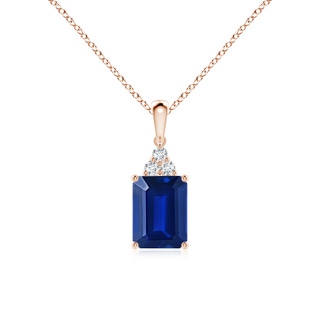 8x6mm AAAA Emerald-Cut Blue Sapphire Pendant with Diamond Trio in 10K Rose Gold