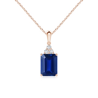 8x6mm AAAA Emerald-Cut Blue Sapphire Pendant with Diamond Trio in Rose Gold