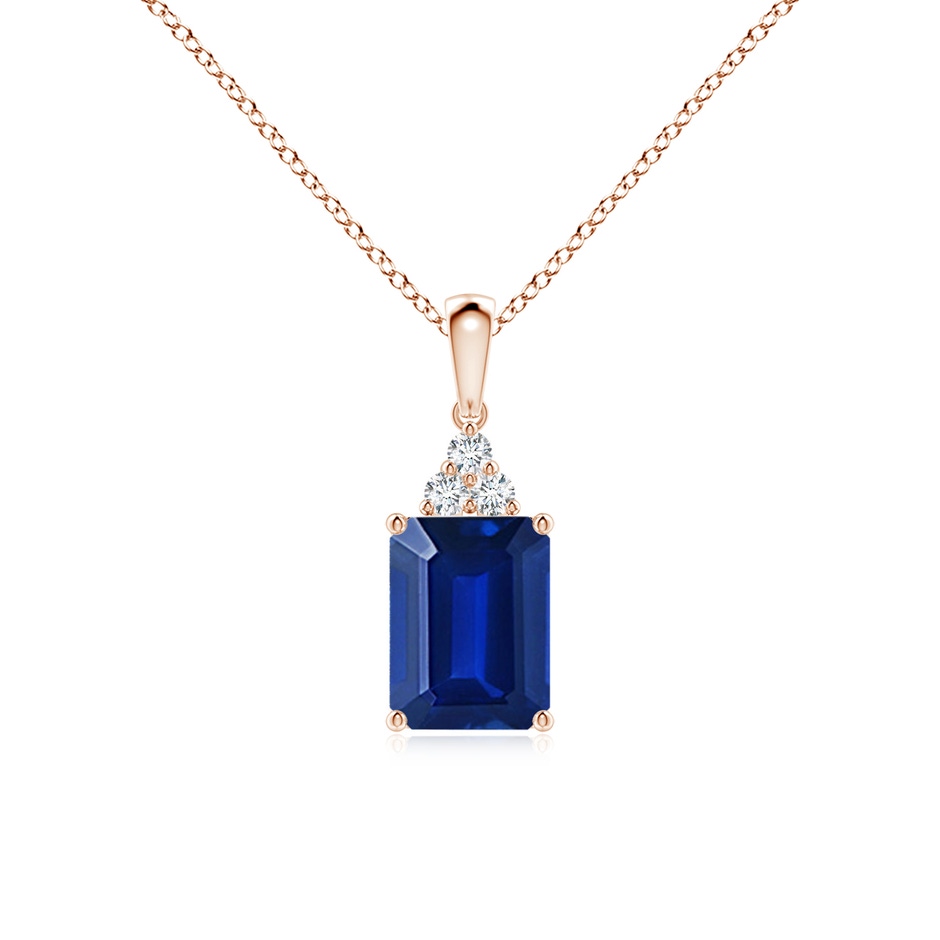 8x6mm AAAA Emerald-Cut Blue Sapphire Pendant with Diamond Trio in Rose Gold 