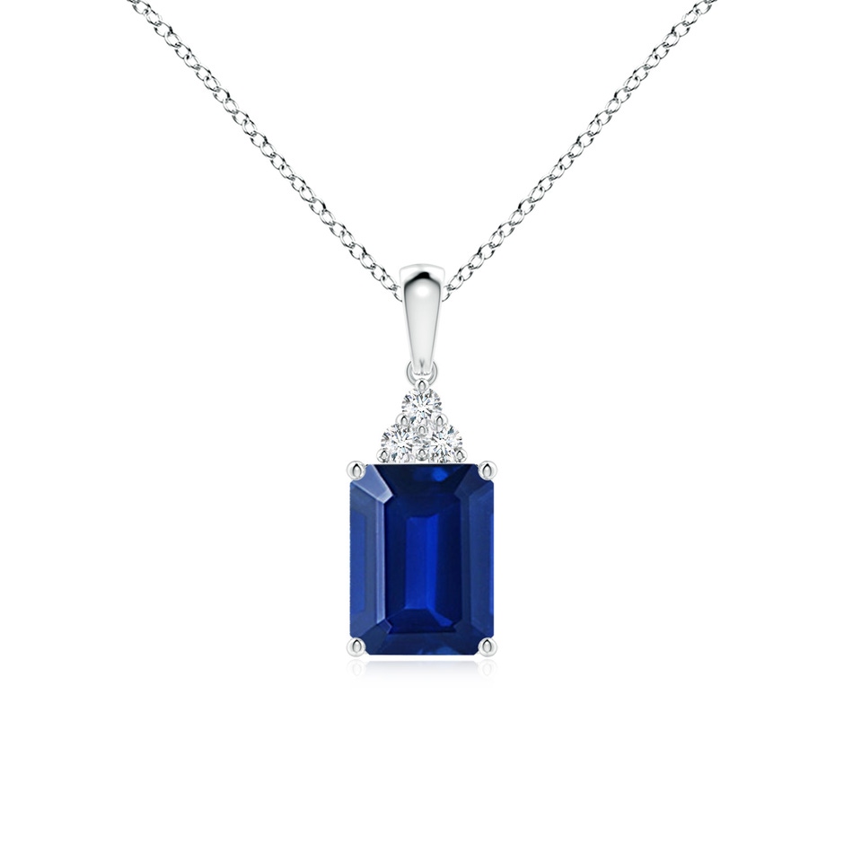 8x6mm Lab-Grown Emerald-Cut Blue Sapphire Pendant with Diamond Trio in S999 Silver 
