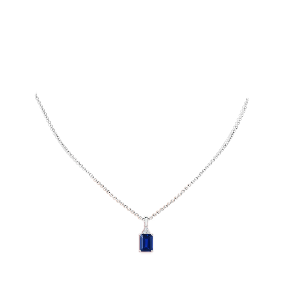 8x6mm Lab-Grown Emerald-Cut Blue Sapphire Pendant with Diamond Trio in S999 Silver pen