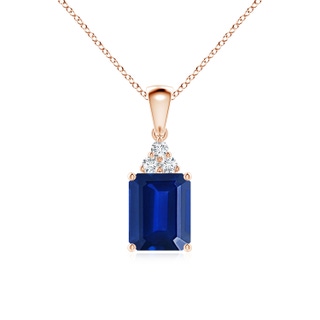 9x7mm AAAA Emerald-Cut Blue Sapphire Pendant with Diamond Trio in Rose Gold