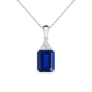 9x7mm Lab-Grown Emerald-Cut Blue Sapphire Pendant with Diamond Trio in White Gold