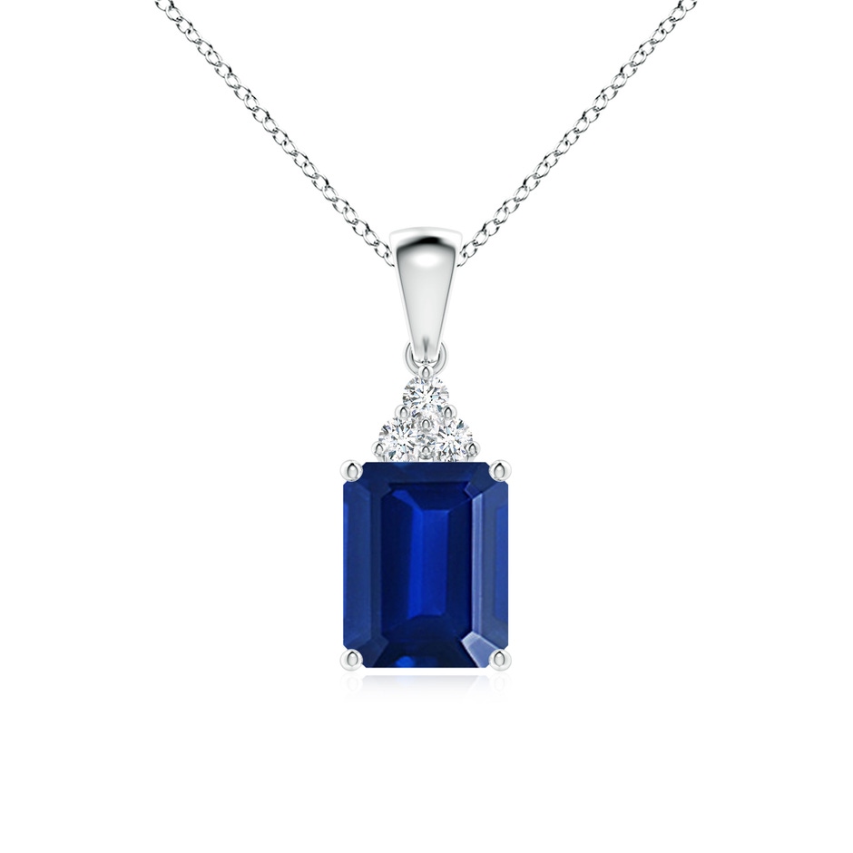 9x7mm Lab-Grown Emerald-Cut Blue Sapphire Pendant with Diamond Trio in White Gold 