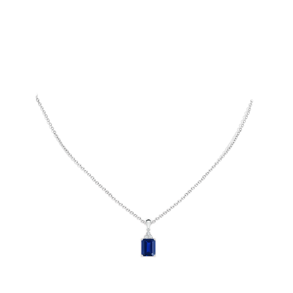 9x7mm Lab-Grown Emerald-Cut Blue Sapphire Pendant with Diamond Trio in White Gold pen