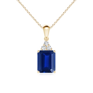 9x7mm Lab-Grown Emerald-Cut Blue Sapphire Pendant with Diamond Trio in Yellow Gold