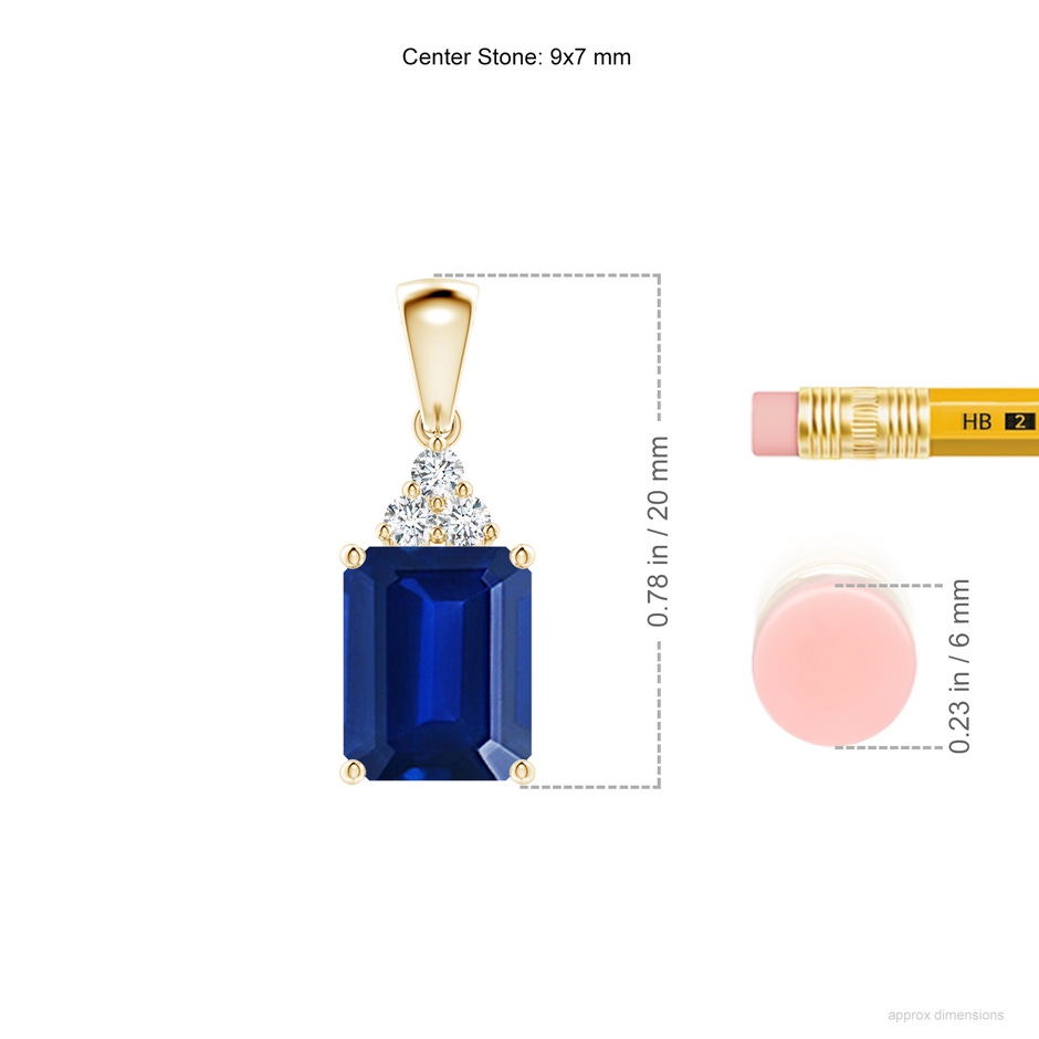 9x7mm Lab-Grown Emerald-Cut Blue Sapphire Pendant with Diamond Trio in Yellow Gold ruler