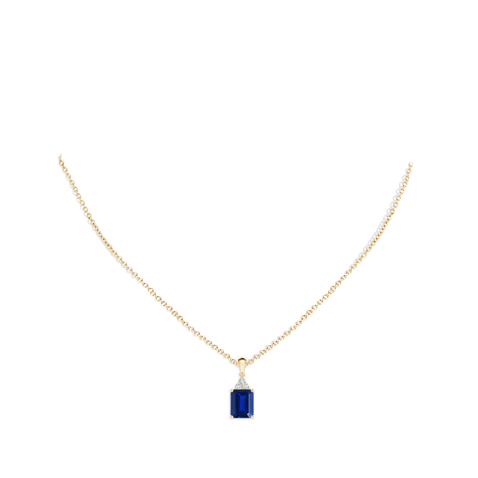 9x7mm Lab-Grown Emerald-Cut Blue Sapphire Pendant with Diamond Trio in Yellow Gold pen