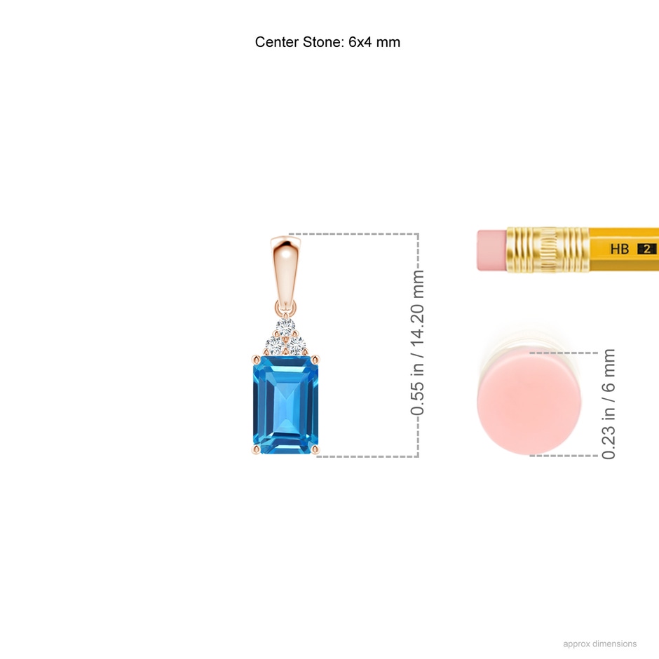 6x4mm AAAA Emerald-Cut Swiss Blue Topaz Pendant with Diamond Trio in 9K Rose Gold ruler