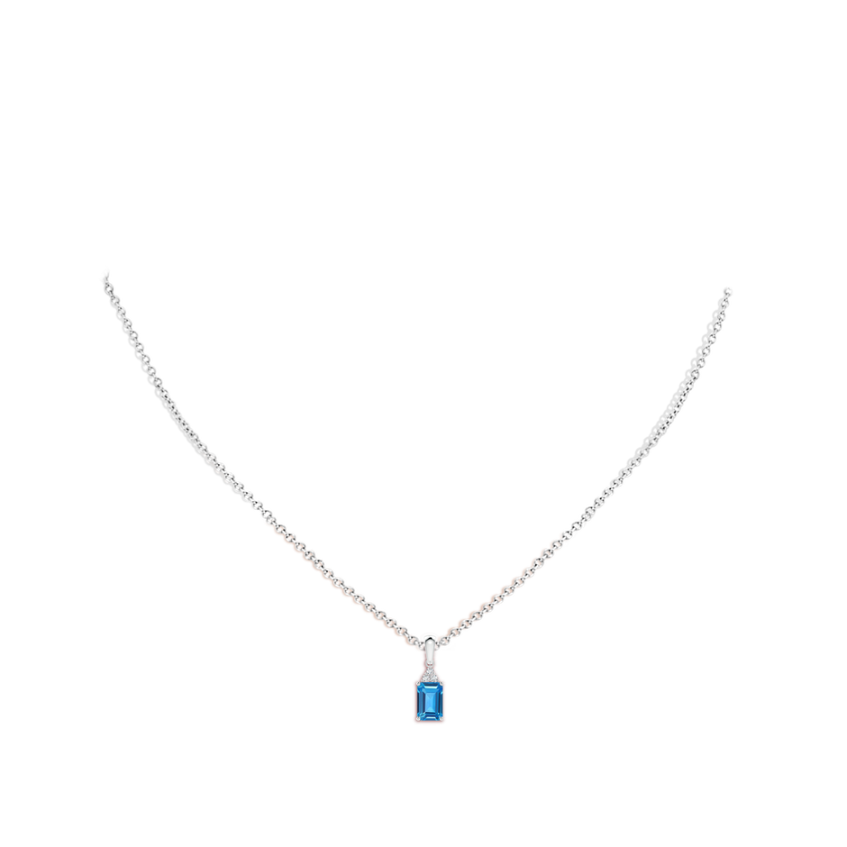 6x4mm AAAA Emerald-Cut Swiss Blue Topaz Pendant with Diamond Trio in S999 Silver body-neck