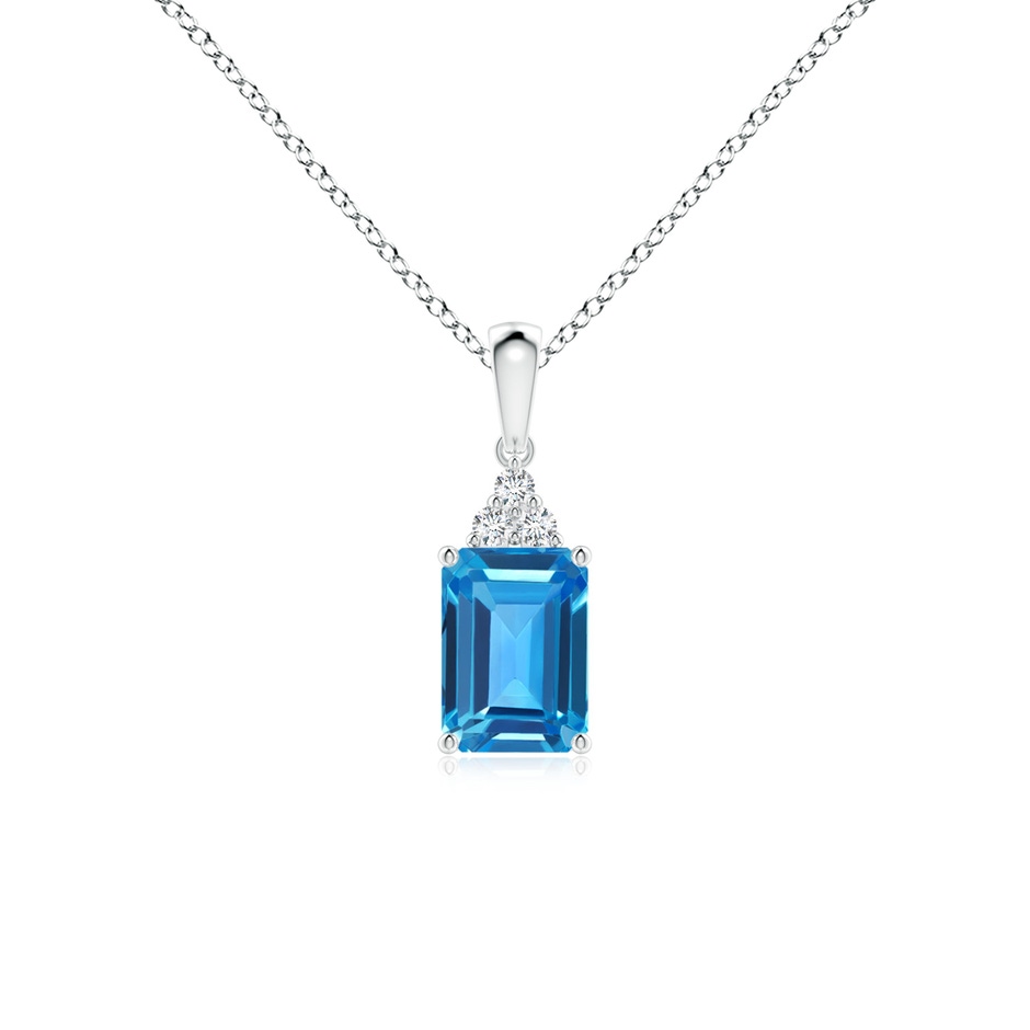 7x5mm AAAA Emerald-Cut Swiss Blue Topaz Pendant with Diamond Trio in White Gold 