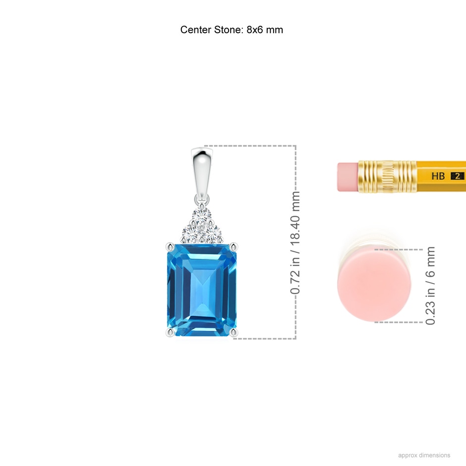 8x6mm AAAA Emerald-Cut Swiss Blue Topaz Pendant with Diamond Trio in S999 Silver ruler