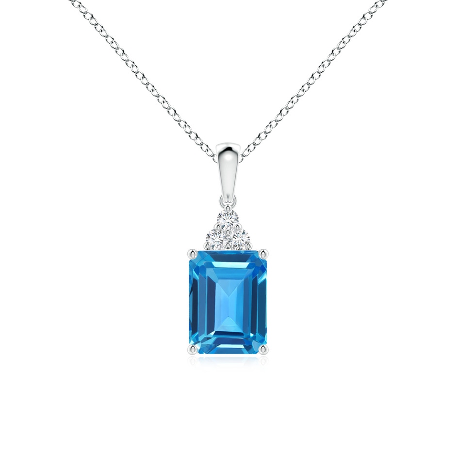 8x6mm AAAA Emerald-Cut Swiss Blue Topaz Pendant with Diamond Trio in White Gold 