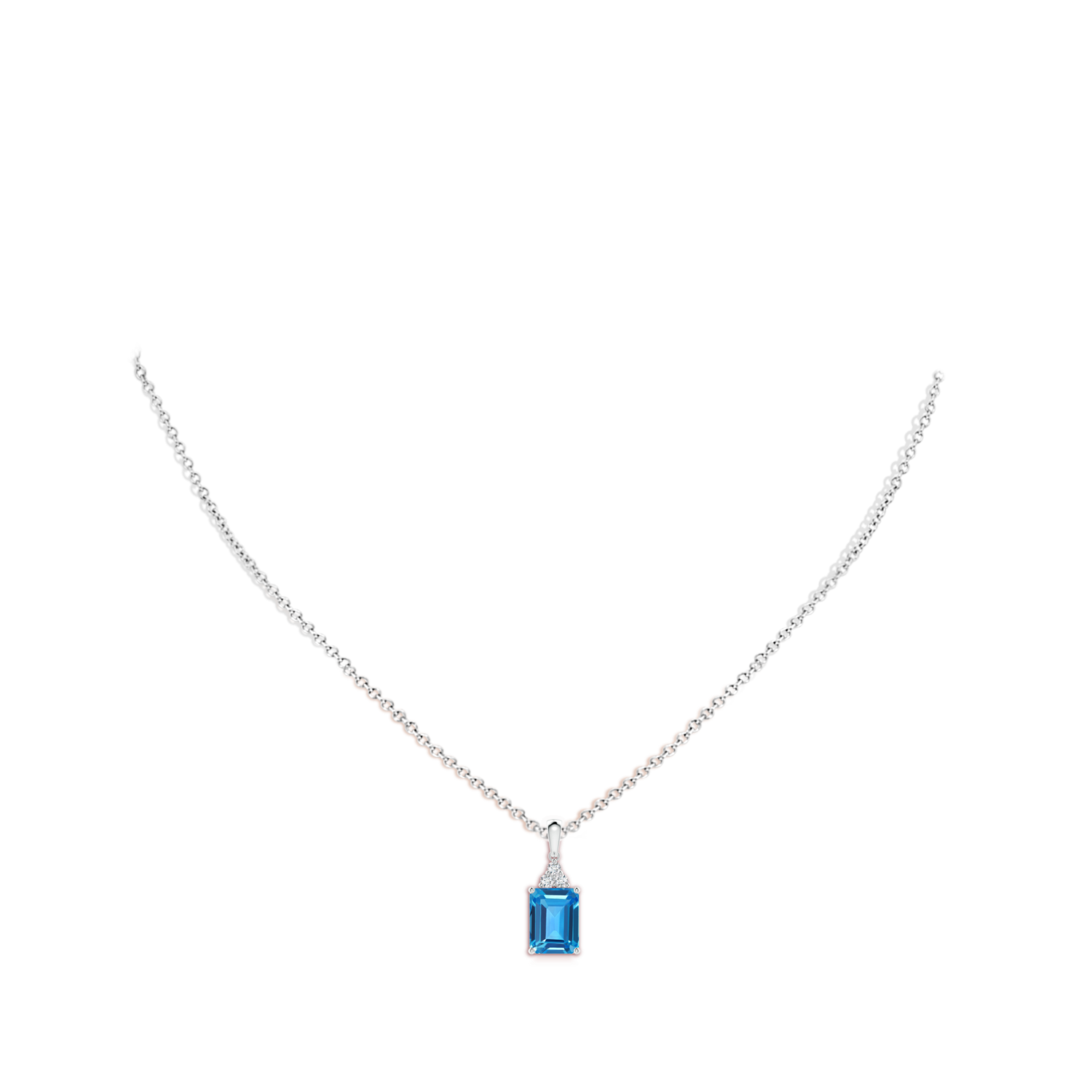 8x6mm AAAA Emerald-Cut Swiss Blue Topaz Pendant with Diamond Trio in White Gold - body_neck