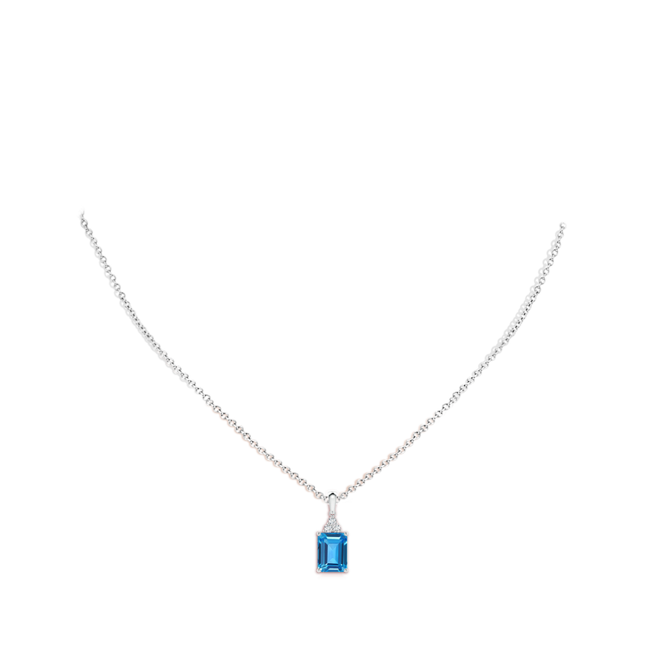 8x6mm AAAA Emerald-Cut Swiss Blue Topaz Pendant with Diamond Trio in White Gold body-neck