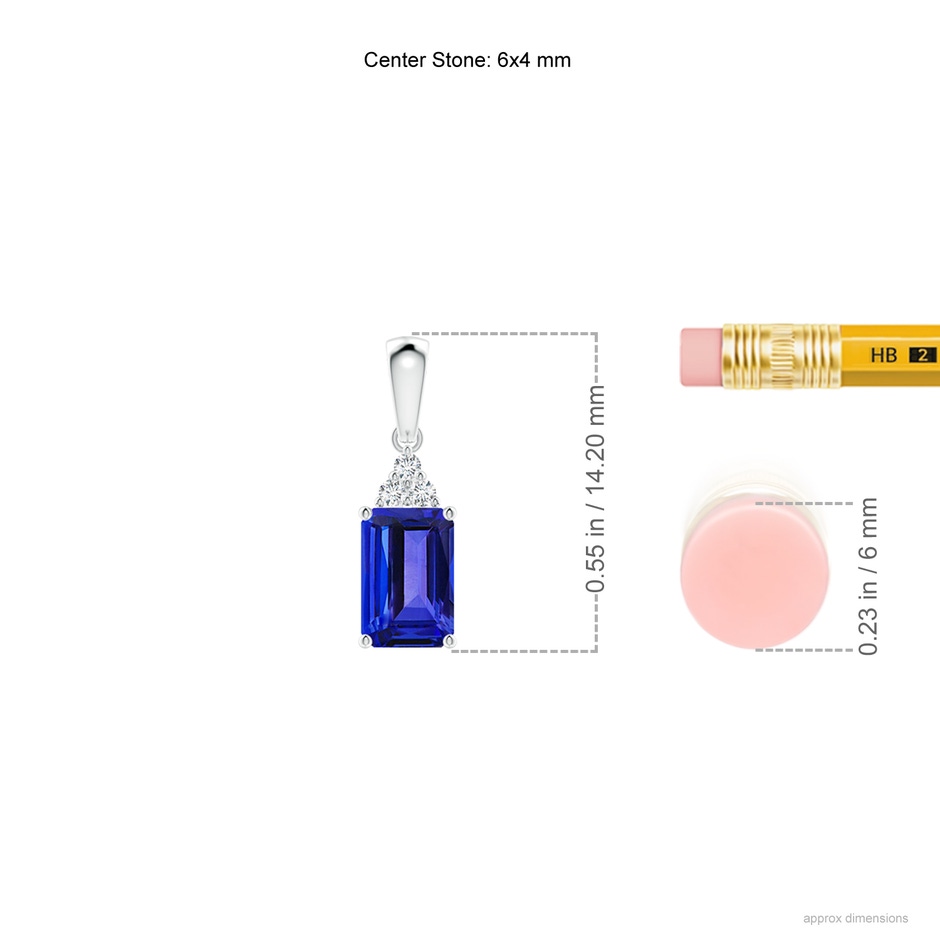 6x4mm AAAA Emerald-Cut Tanzanite Pendant with Diamond Trio in P950 Platinum ruler