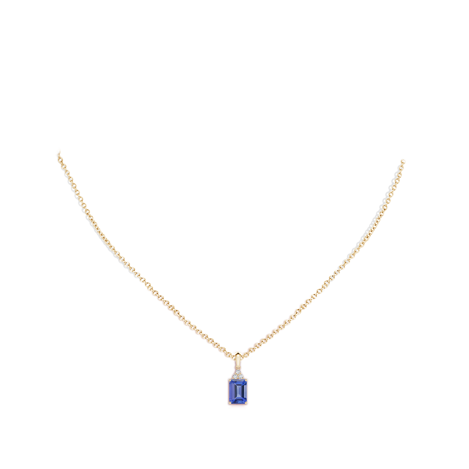 7x5mm AA Emerald-Cut Tanzanite Pendant with Diamond Trio in Yellow Gold body-neck