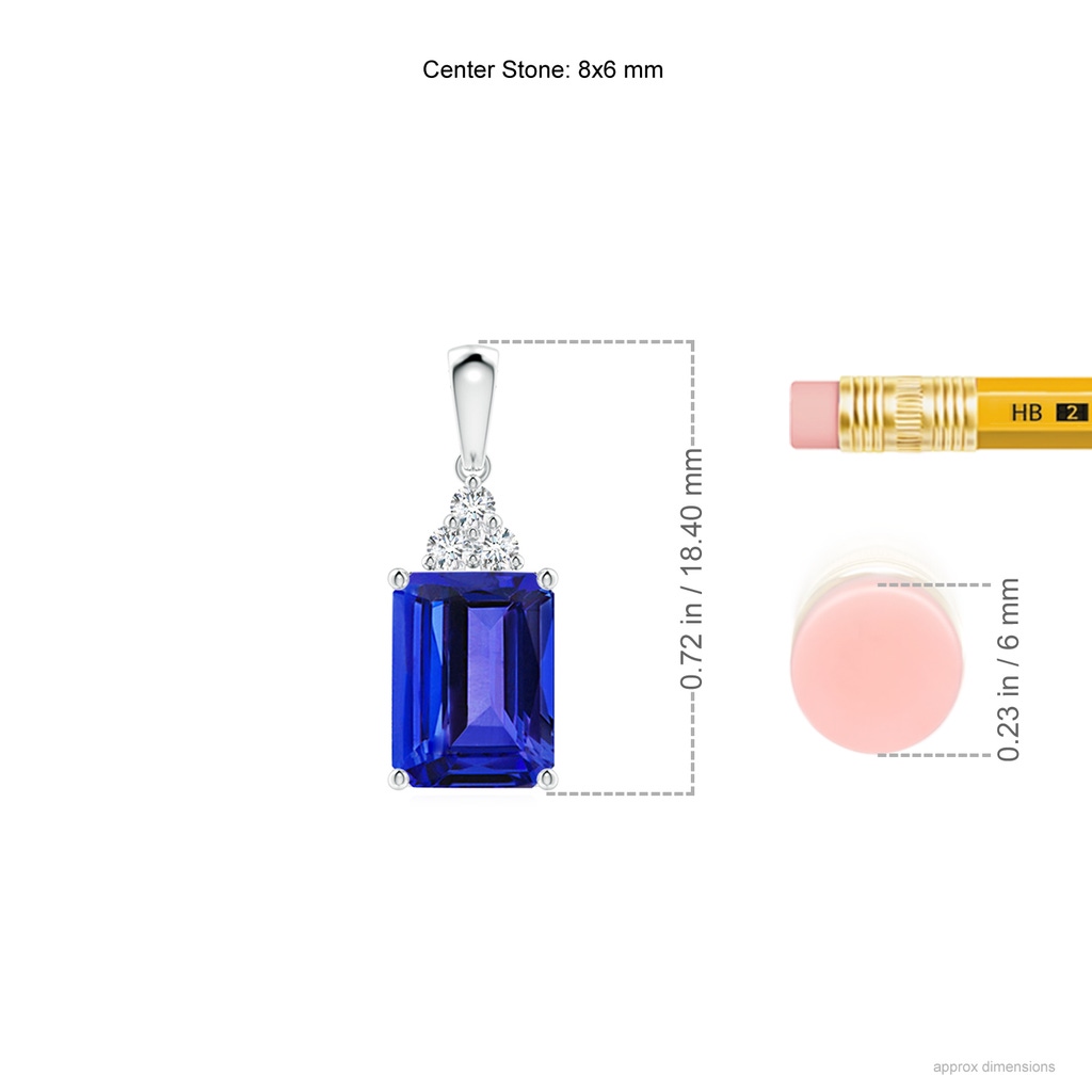 8x6mm AAAA Emerald-Cut Tanzanite Pendant with Diamond Trio in White Gold Ruler