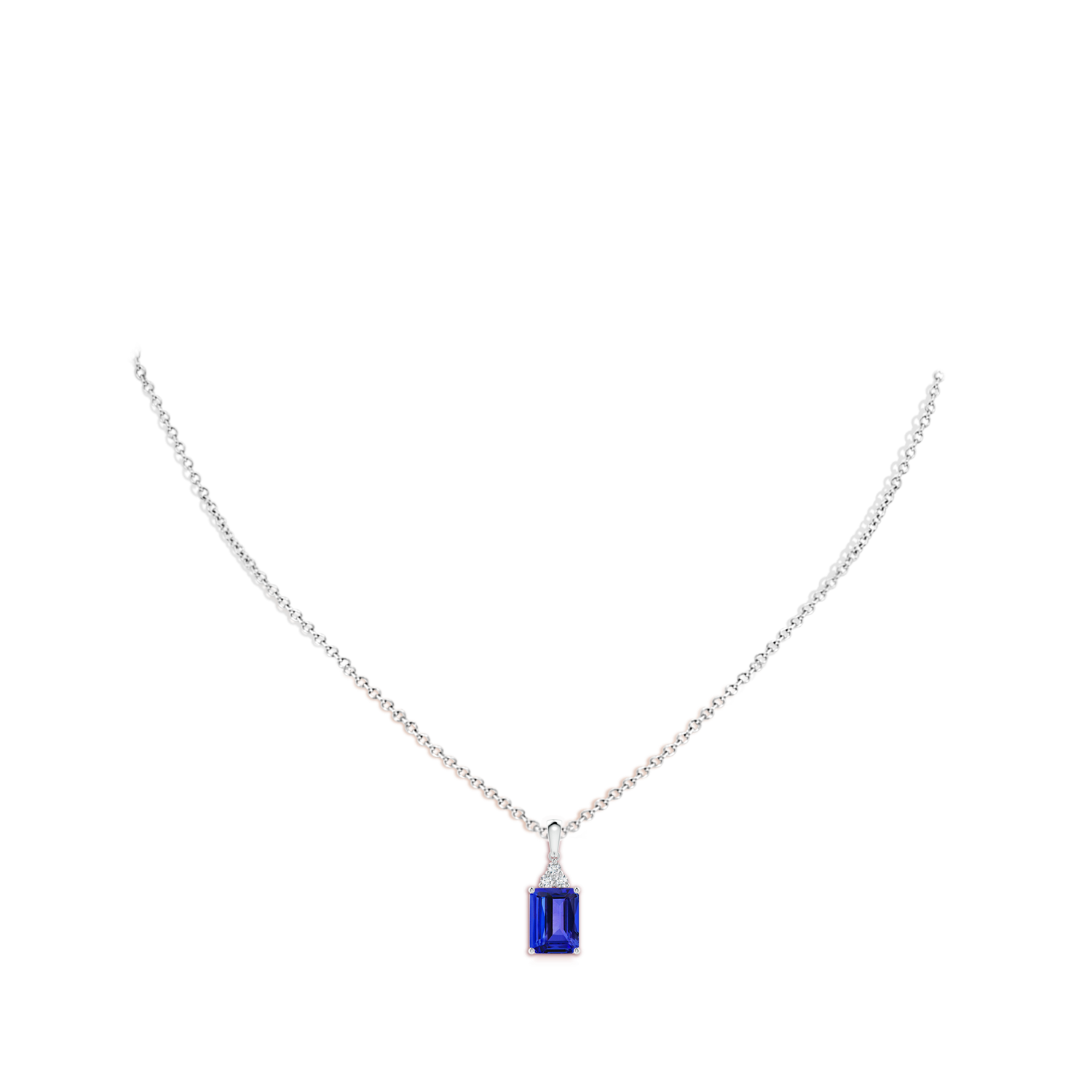 8x6mm AAAA Emerald-Cut Tanzanite Pendant with Diamond Trio in White Gold - body_neck