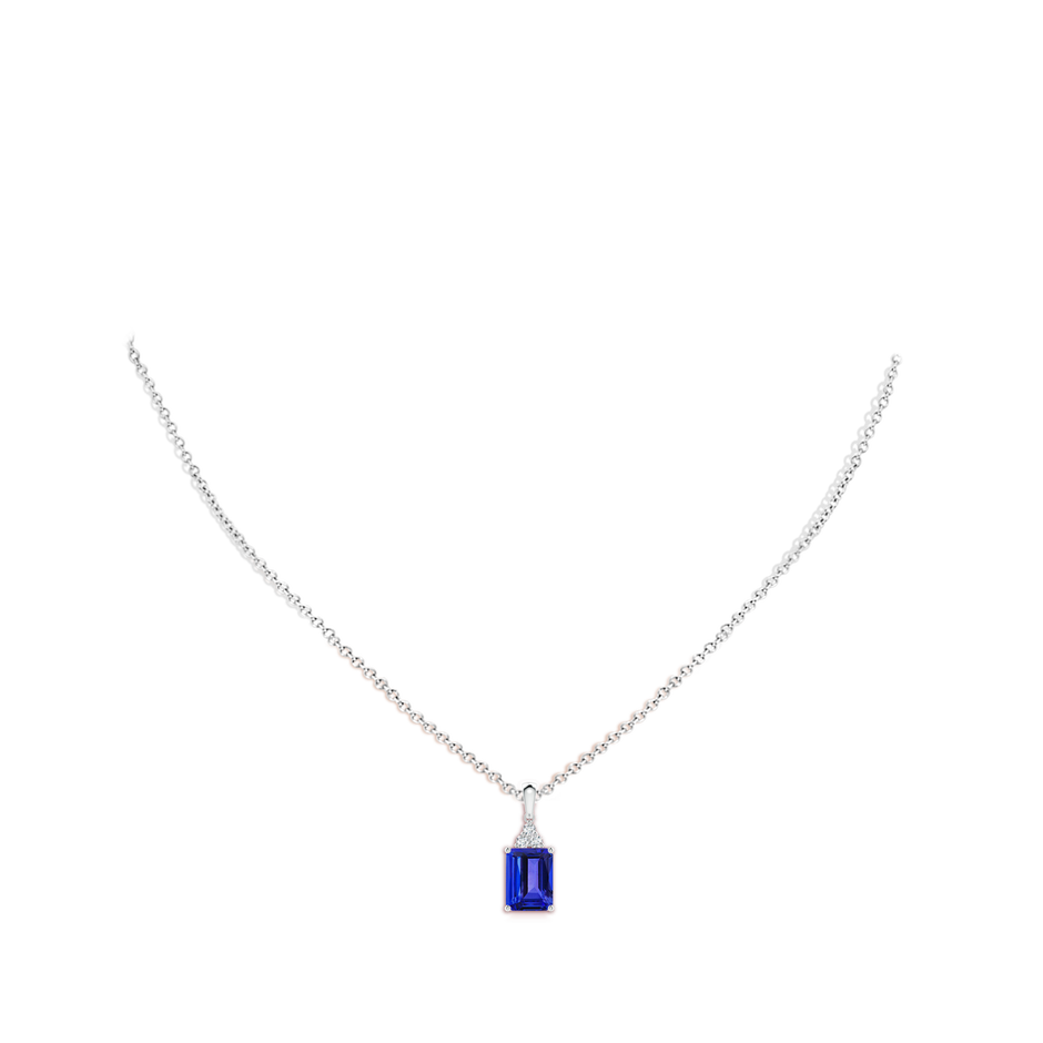 8x6mm AAAA Emerald-Cut Tanzanite Pendant with Diamond Trio in White Gold body-neck