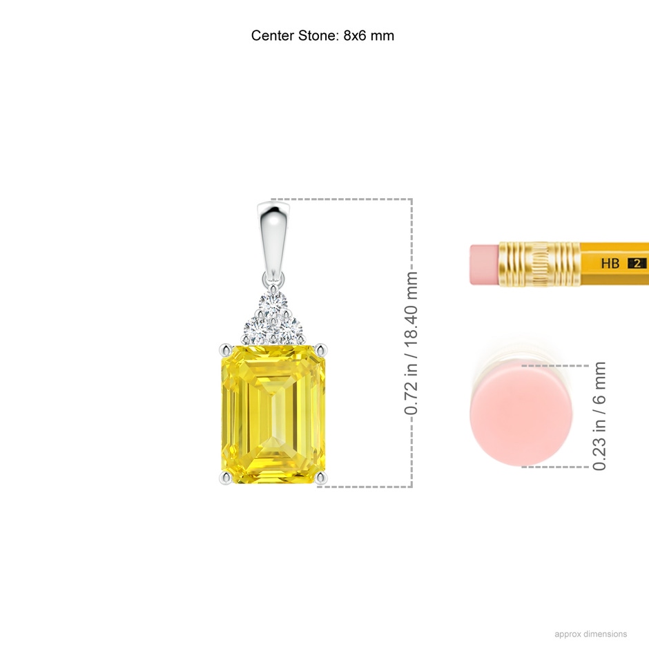 8x6mm AAAA Emerald-Cut Fancy Intense Yellow Diamond Pendant with Trio Accents in 18K White Gold ruler
