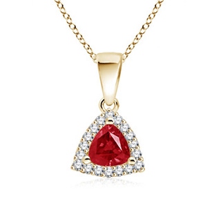 5mm AAA Trillion Ruby and Diamond Halo Dangle Pendant in Yellow Gold