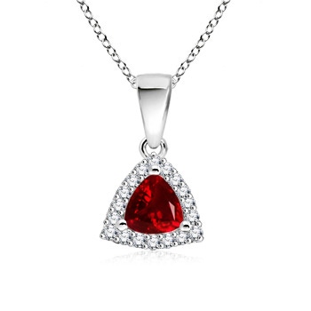 5mm AAAA Trillion Ruby and Diamond Halo Dangle Pendant in White Gold 