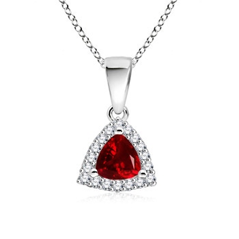 5mm AAAA Trillion Ruby and Diamond Halo Dangle Pendant in White Gold