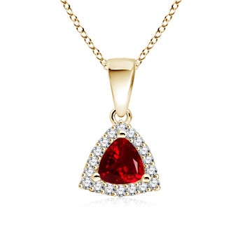 5mm AAAA Trillion Ruby and Diamond Halo Dangle Pendant in Yellow Gold