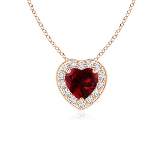 4mm AAAA Heart-Shaped Garnet Pendant with Diamond Halo in Rose Gold