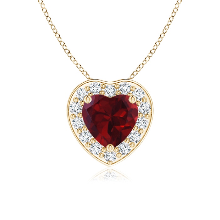 5mm AA Heart-Shaped Garnet Pendant with Diamond Halo in Yellow Gold 