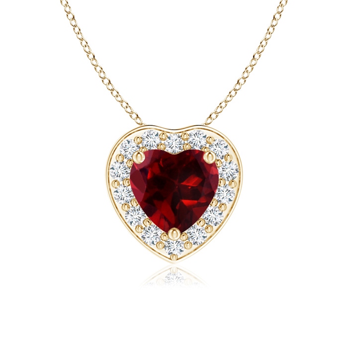 5mm AAAA Heart-Shaped Garnet Pendant with Diamond Halo in Yellow Gold 