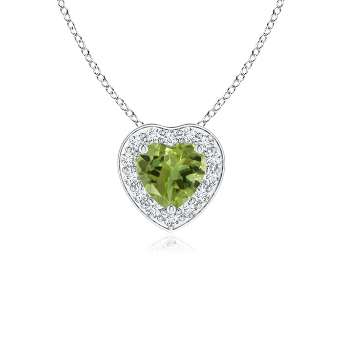 4mm AA Heart-Shaped Peridot Pendant with Diamond Halo in White Gold 