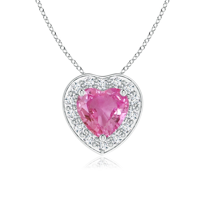 5mm AAA Heart-Shaped Pink Sapphire Pendant with Diamond Halo in White Gold 