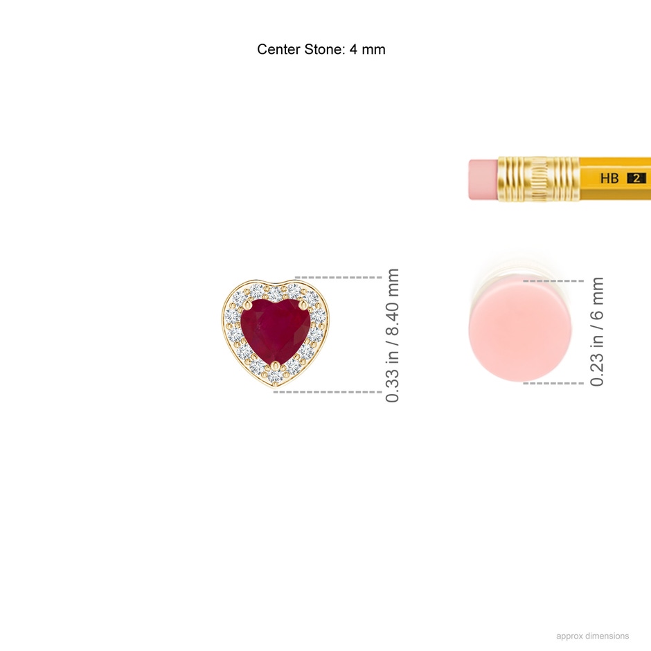 4mm A Heart-Shaped Ruby Pendant with Diamond Halo in Yellow Gold ruler