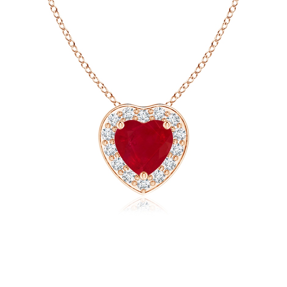 4mm AA Heart-Shaped Ruby Pendant with Diamond Halo in Rose Gold 