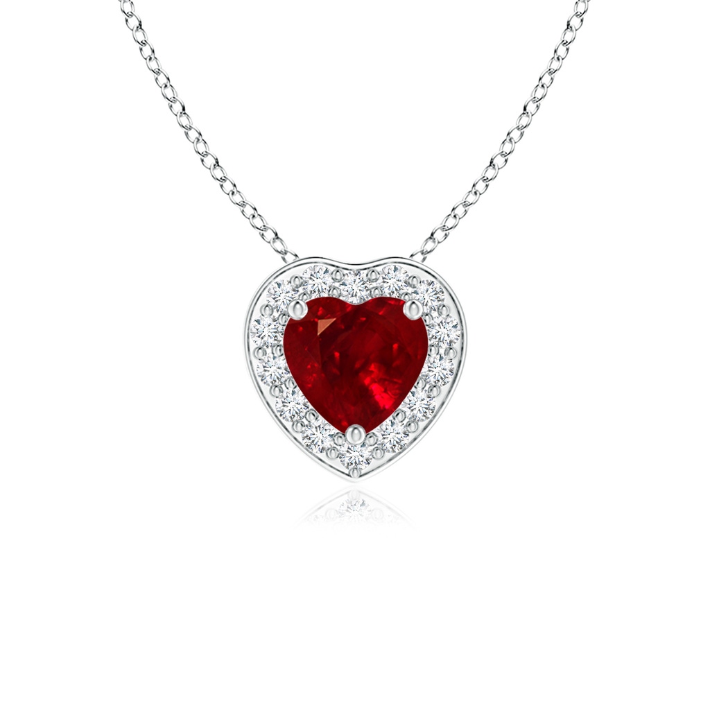 4mm AAAA Heart-Shaped Ruby Pendant with Diamond Halo in White Gold