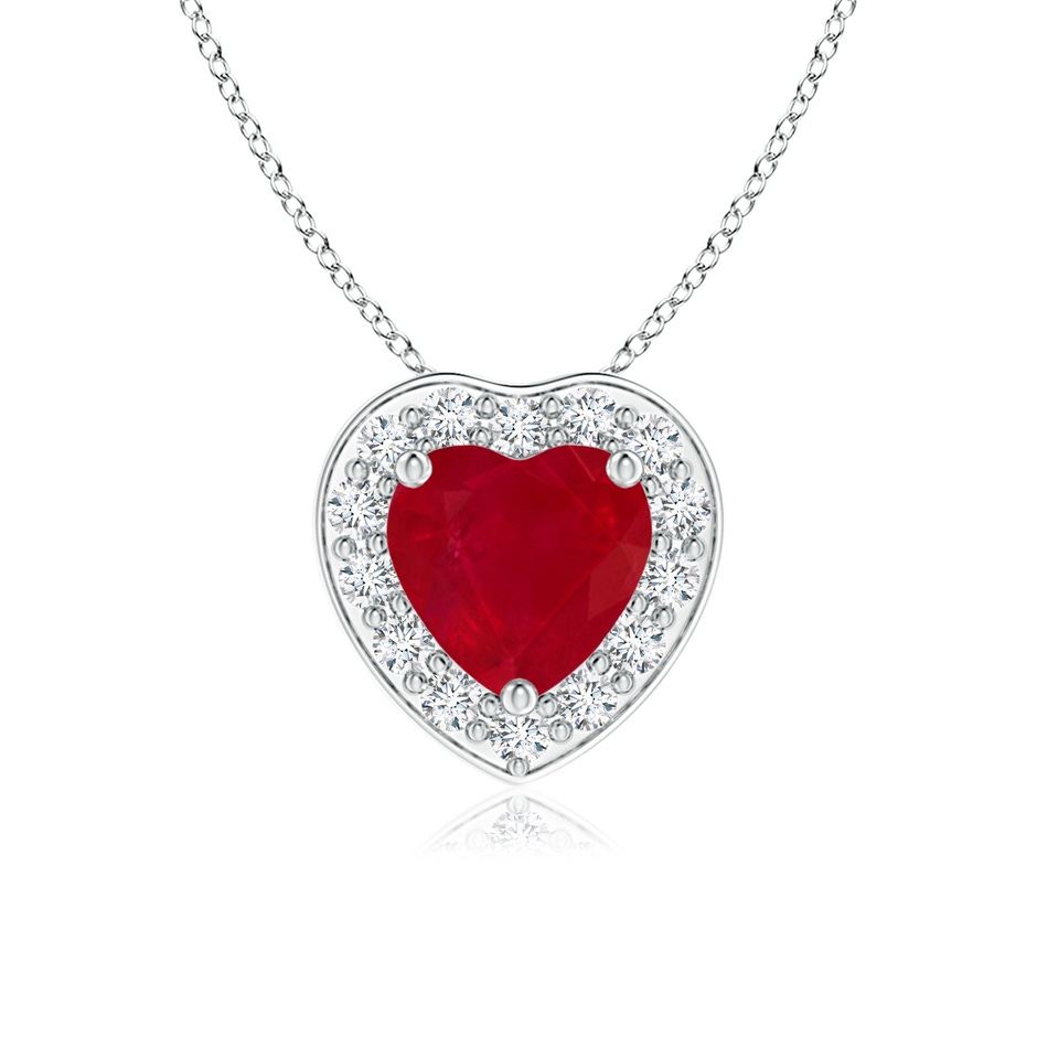 5mm AA Heart-Shaped Ruby Pendant with Diamond Halo in White Gold 