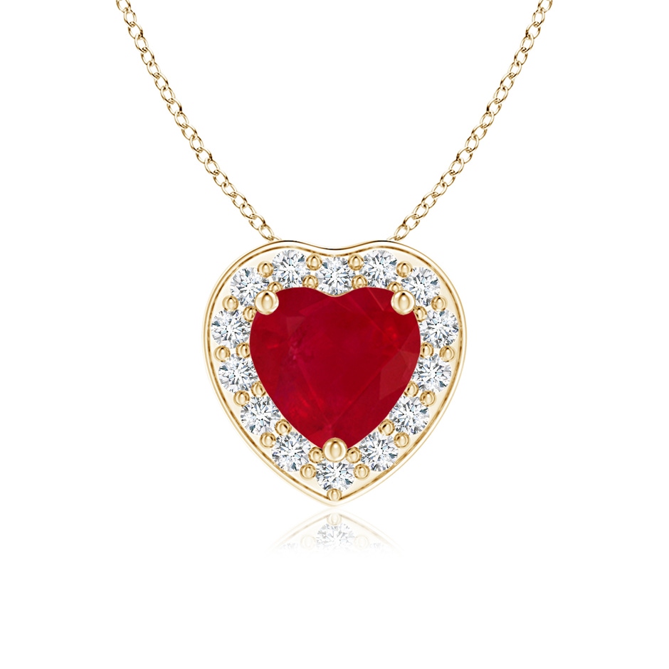 5mm AA Heart-Shaped Ruby Pendant with Diamond Halo in Yellow Gold 