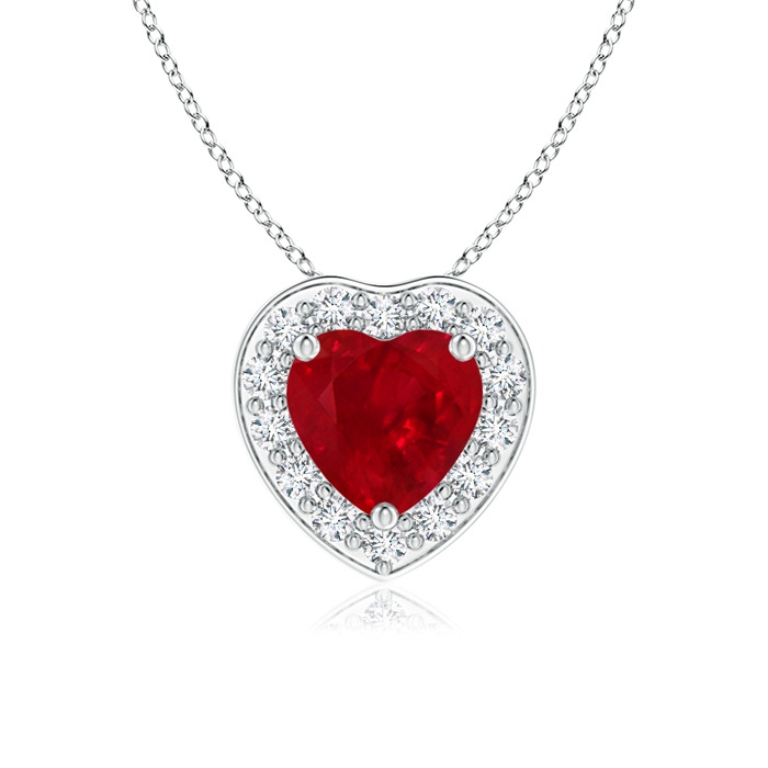 5mm AAA Heart-Shaped Ruby Pendant with Diamond Halo in White Gold 