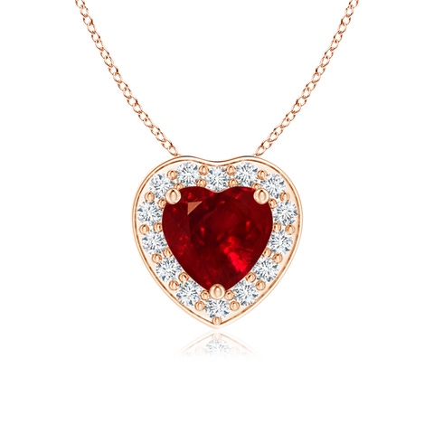 5mm AAAA Heart-Shaped Ruby Pendant with Diamond Halo in Rose Gold