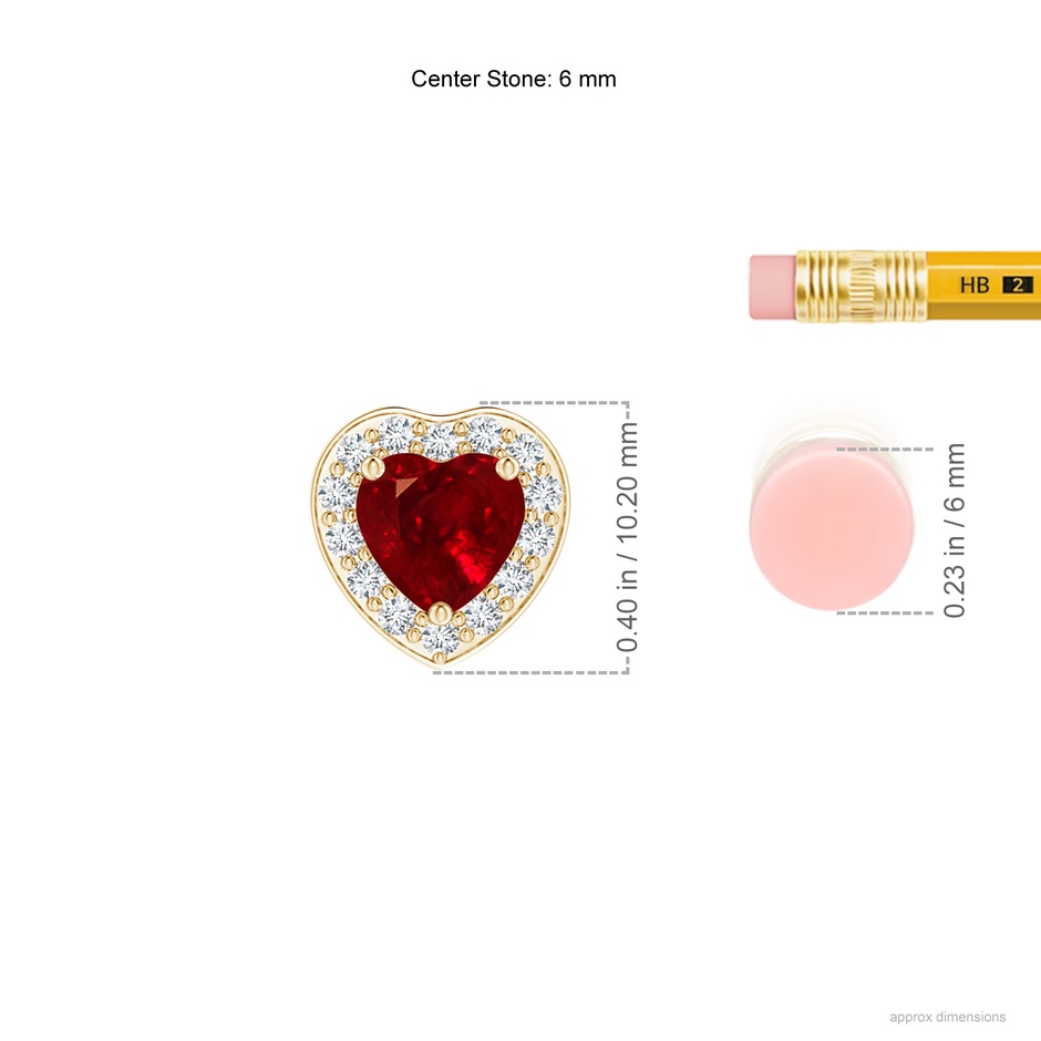 6mm AAAA Heart-Shaped Ruby Pendant with Diamond Halo in Yellow Gold ruler