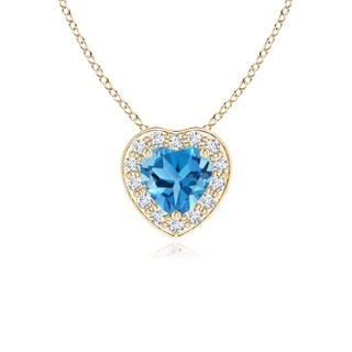 4mm AAA Heart-Shaped Swiss Blue Topaz Pendant with Diamond Halo in Yellow Gold