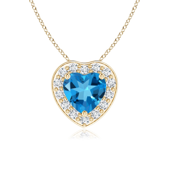 5mm AAAA Heart-Shaped Swiss Blue Topaz Pendant with Diamond Halo in Yellow Gold 