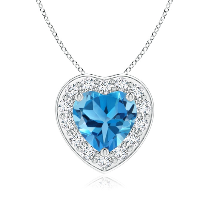 6mm AAA Heart-Shaped Swiss Blue Topaz Pendant with Diamond Halo in White Gold