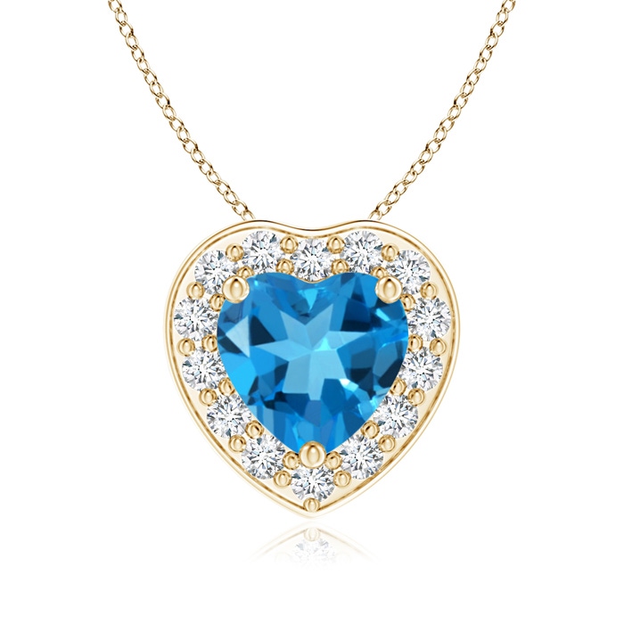 6mm AAAA Heart-Shaped Swiss Blue Topaz Pendant with Diamond Halo in Yellow Gold