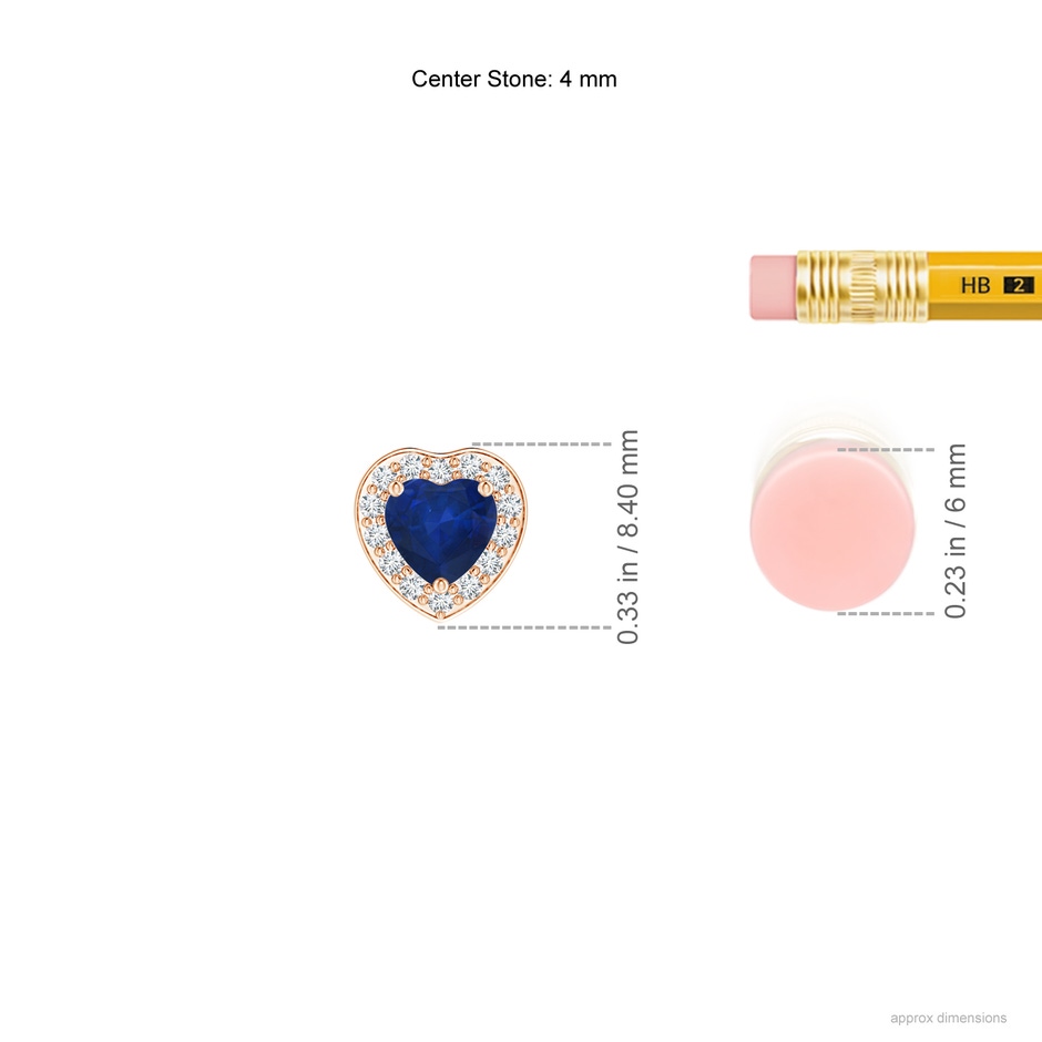 4mm AA Heart-Shaped Blue Sapphire Pendant with Diamond Halo in 9K Rose Gold ruler